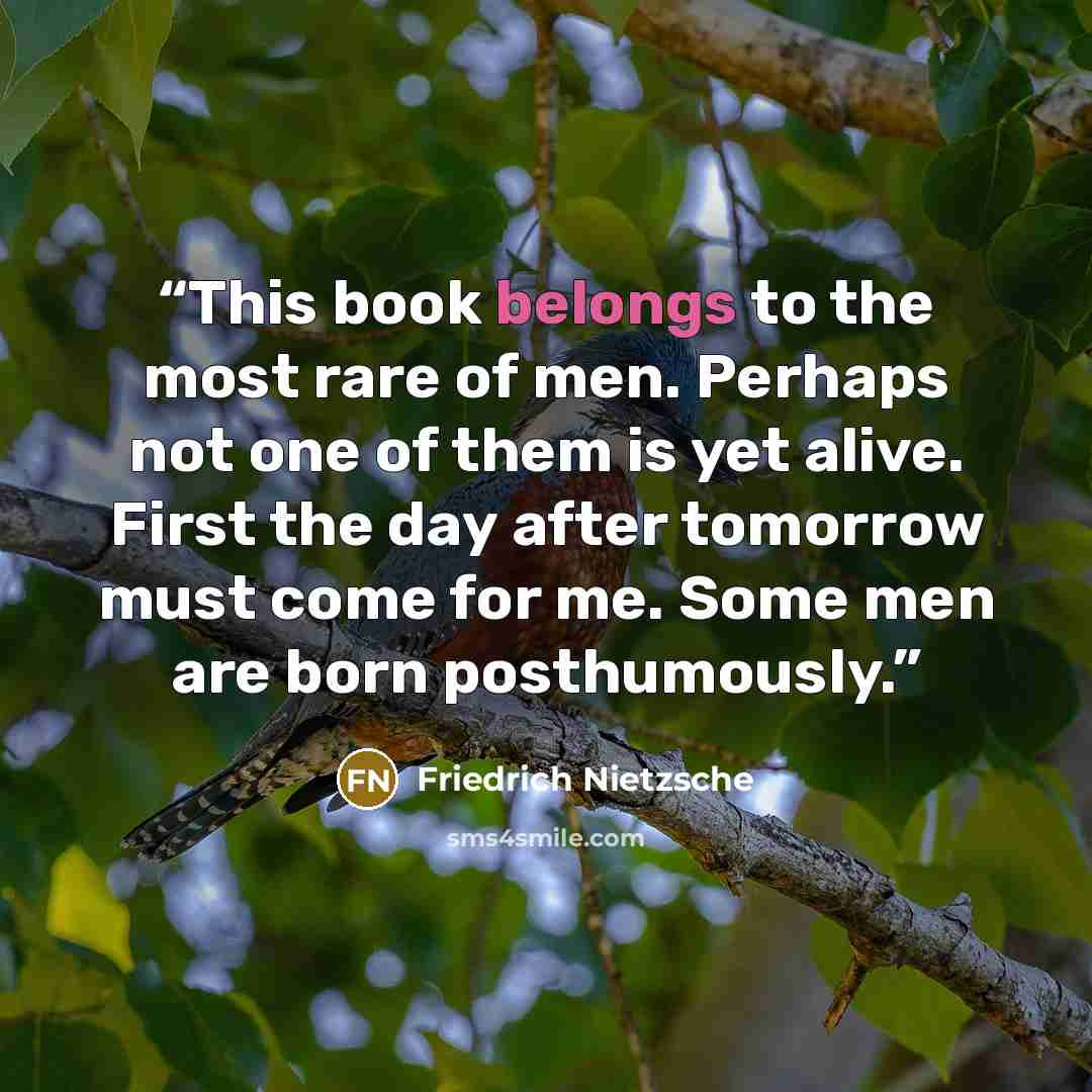 “This book belongs to the most rare of men. Perhaps not one of them is yet alive. First the day after tomorrow must come for me. Some men are born posthumously.” quote by Friedrich Nietzsche