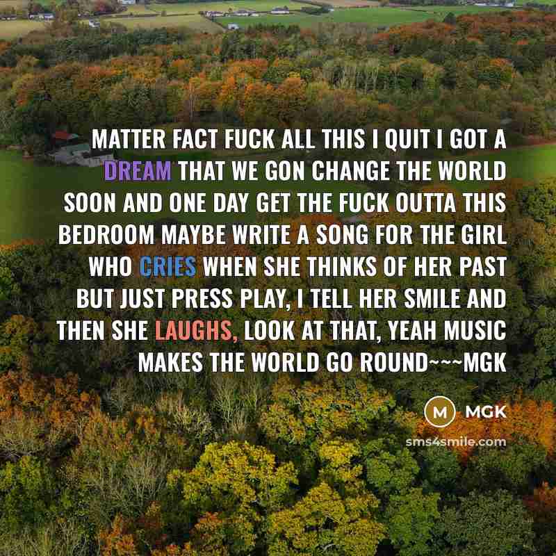 “Matter fact fuck all this I quit I got a dream that we gon change the world soon And one day get the fuck outta this bedroom Maybe write a song for the girl who cries when she thinks of her past But just press play, I tell her smile and then she laughs, look at that, yeah Music makes the world go…” quote by Mgk