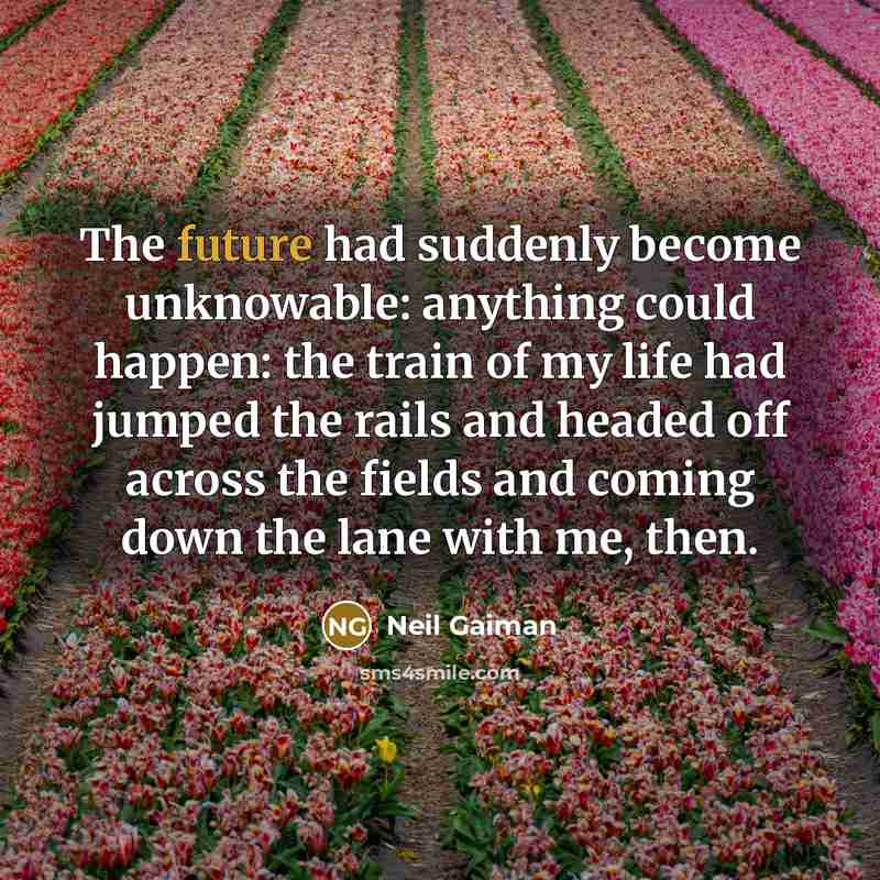 “The future had suddenly become unknowable: anything could happen: the train of my life had jumped the rails and headed off across the fields and coming down the lane with me, then.” quote by Neil Gaiman