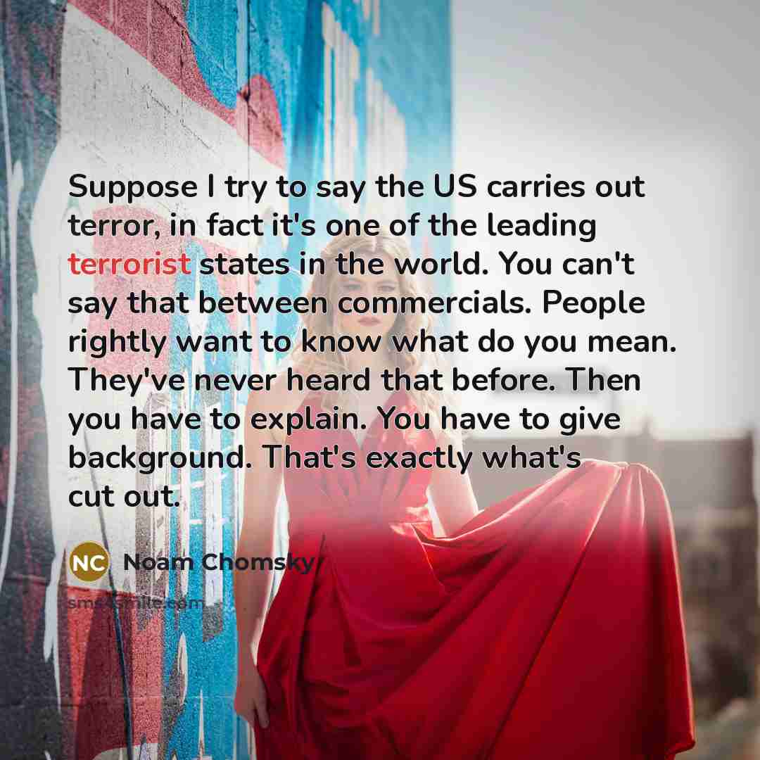 “Suppose I try to say the US carries out terror, in fact it's one of the leading terrorist states in the world. You can't say that between commercials. People rightly want to know what do you mean. They've never heard that before. Then you have to explain. You have to give background. That's…” quote by Noam Chomsky
