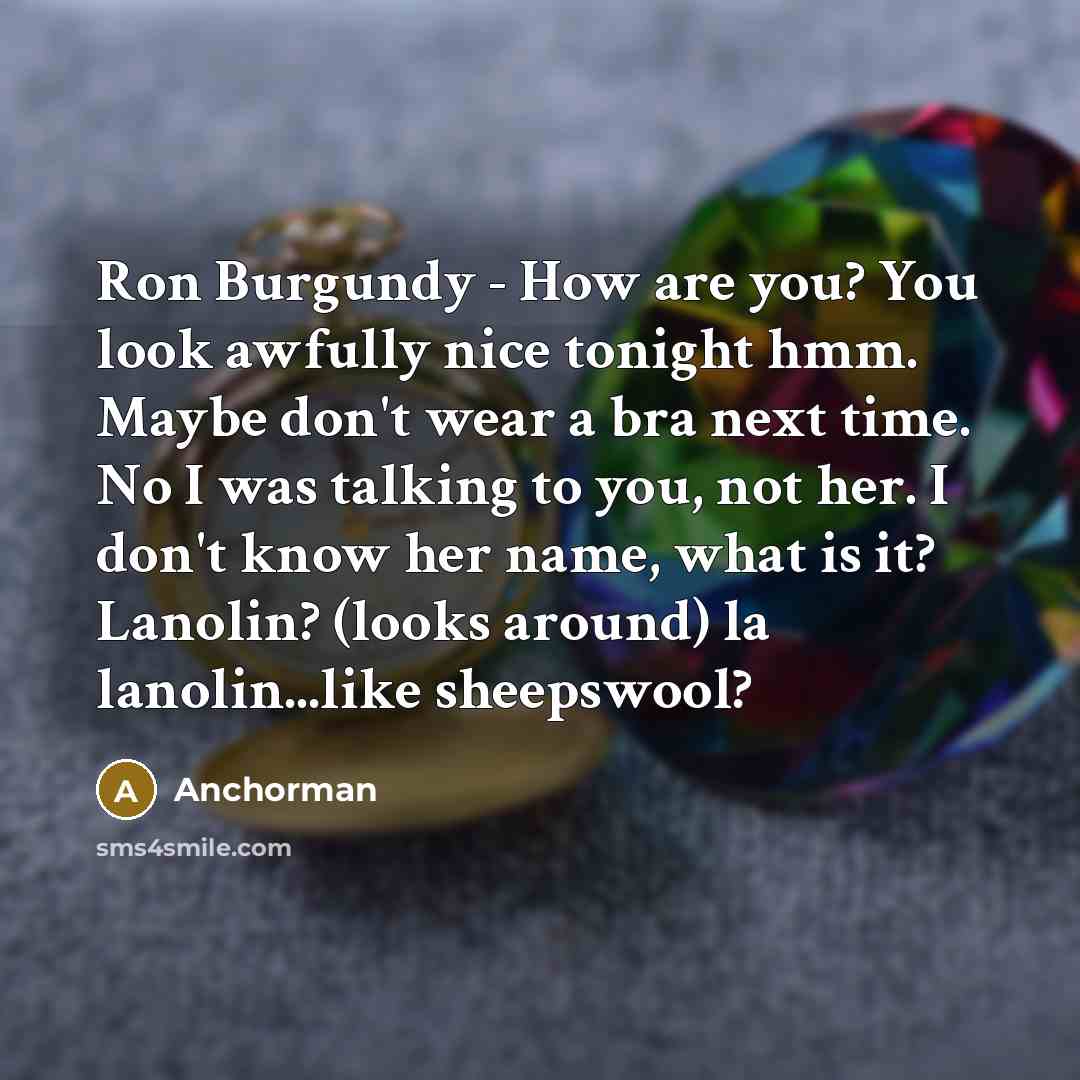 “Ron Burgundy - How are you? You look awfully nice tonight hmm. Maybe don't wear a bra next time. No I was talking to you, not her. I don't know her name, what is it? Lanolin? (looks around) la lanolin...like sheepswool?” quote by Anchorman