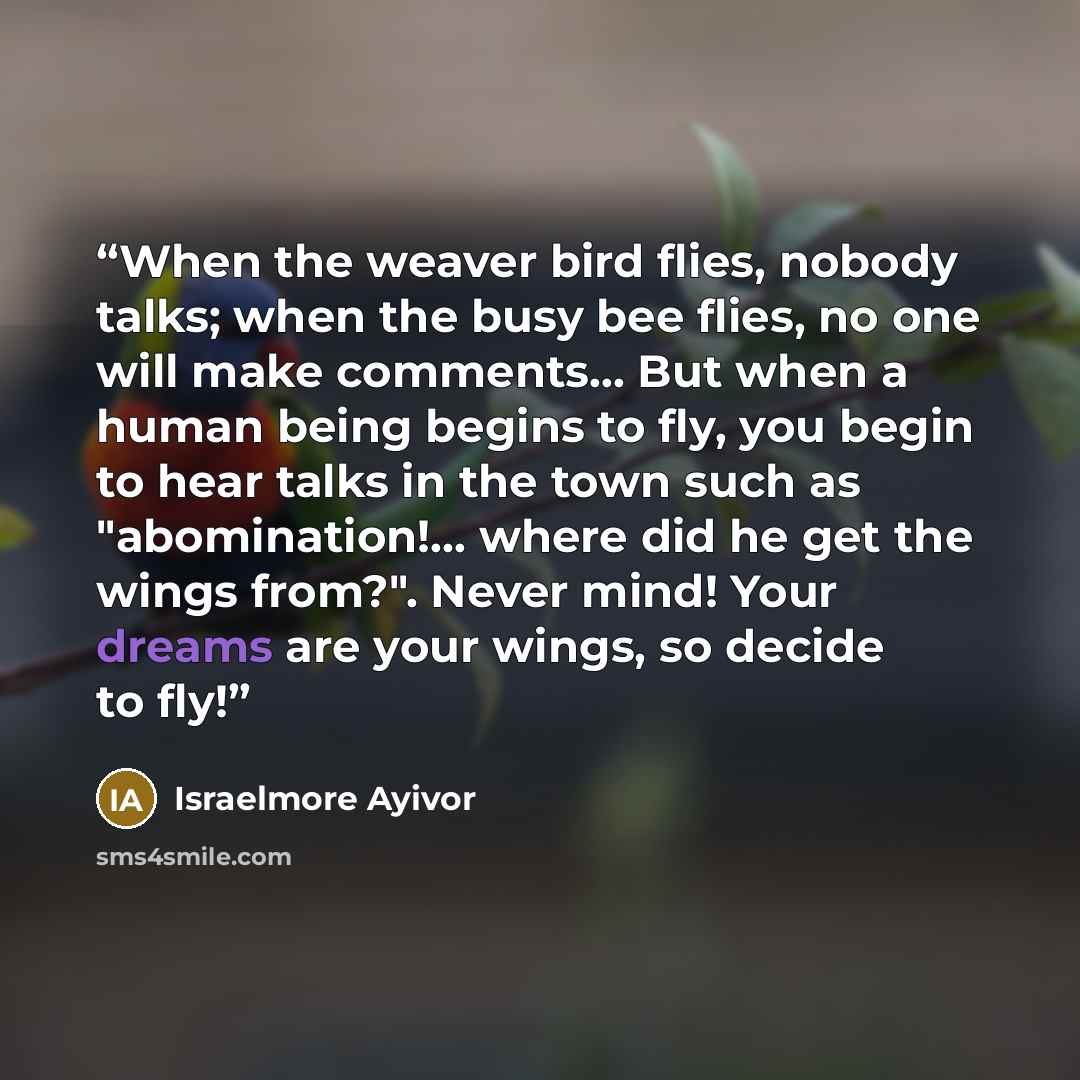 “When the weaver bird flies, nobody talks; when the busy bee flies, no one will make comments... But when a human being begins to fly, you begin to hear talks in the town such as "abomination!... where did he get the wings from?". Never mind! Your dreams are your wings, so decide to fly!” quote by Israelmore Ayivor