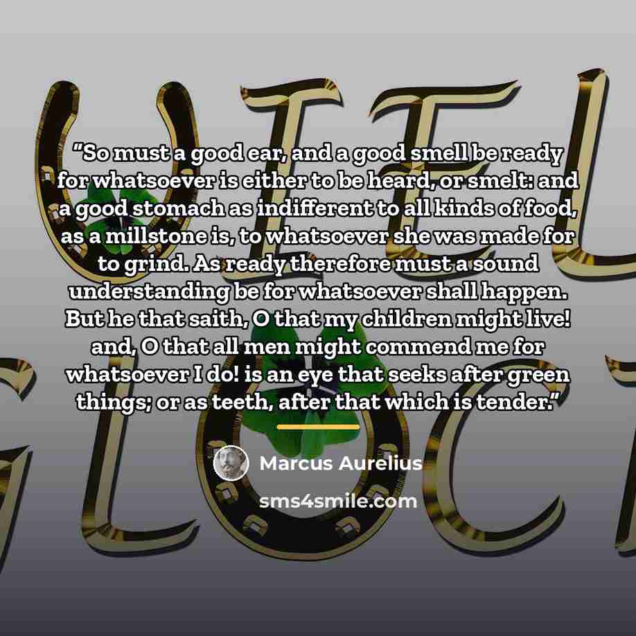 “So must a good ear, and a good smell be ready for whatsoever is either to be heard, or smelt: and a good stomach as indifferent to all kinds of food, as a millstone is, to whatsoever she was made for to grind. As ready therefore must a sound understanding be for whatsoever shall happen. But he…” quote by Marcus Aurelius
