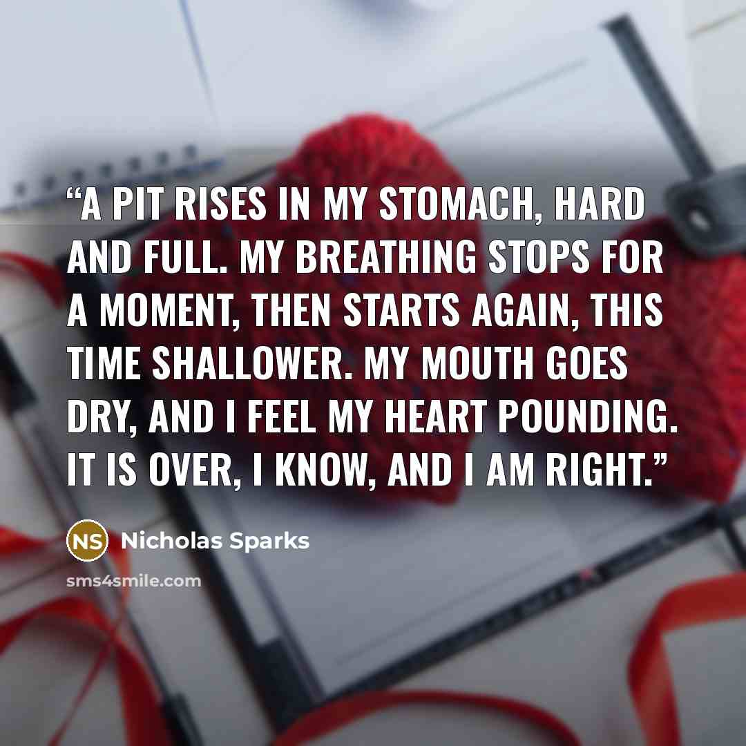 “A pit rises in my stomach, hard and full. My breathing stops for a moment, then starts again, this time shallower. My mouth goes dry, and I feel my heart pounding. It is over, I know, and I am right.” quote by Nicholas Sparks