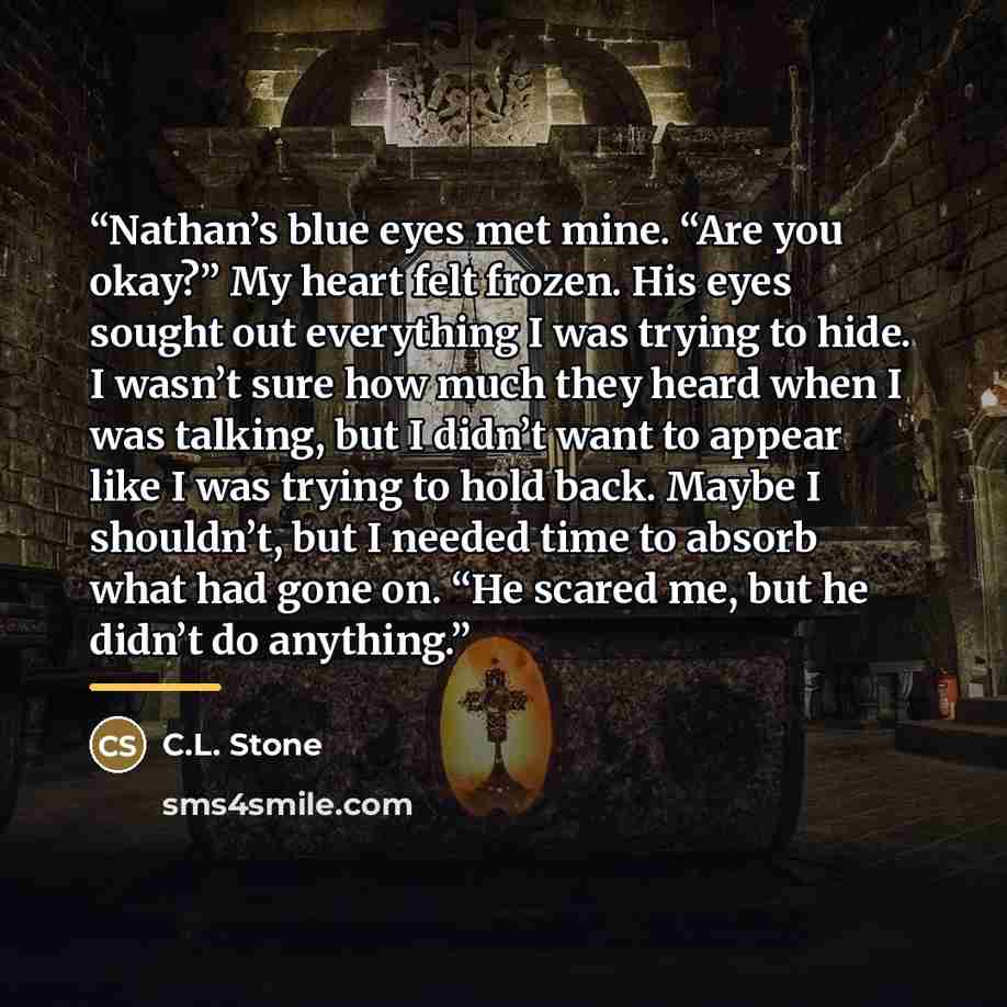 “Nathan’s blue eyes met mine. “Are you okay?” My heart felt frozen. His eyes sought out everything I was trying to hide. I wasn’t sure how much they heard when I was talking, but I didn’t want to appear like I was trying to hold back. Maybe I shouldn’t, but I needed time to absorb what had gone on…” quote by C.L. Stone