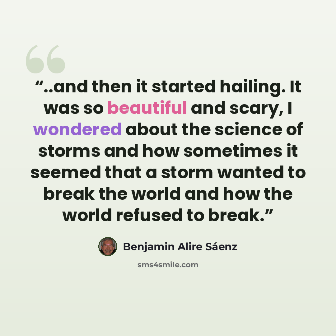“..and then it started hailing. It was so beautiful and scary, I wondered about the science of storms and how sometimes it seemed that a storm wanted to break the world and how the world refused to break.” quote by Benjamin Alire Sáenz