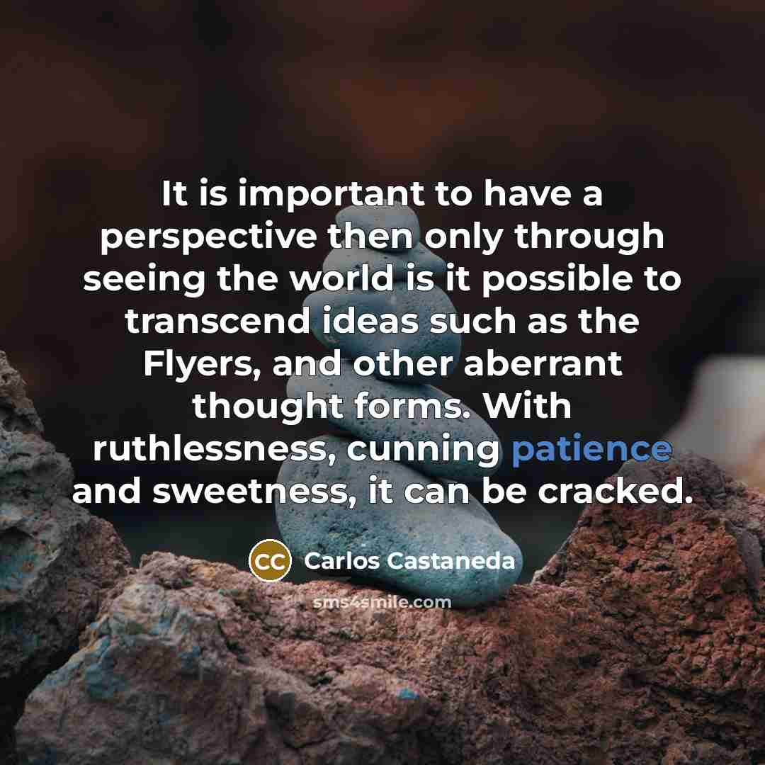 “It is important to have a perspective then only through seeing the world is it possible to transcend ideas such as the Flyers, and other aberrant thought forms. With ruthlessness, cunning patience and sweetness, it can be cracked.” quote by Carlos Castaneda