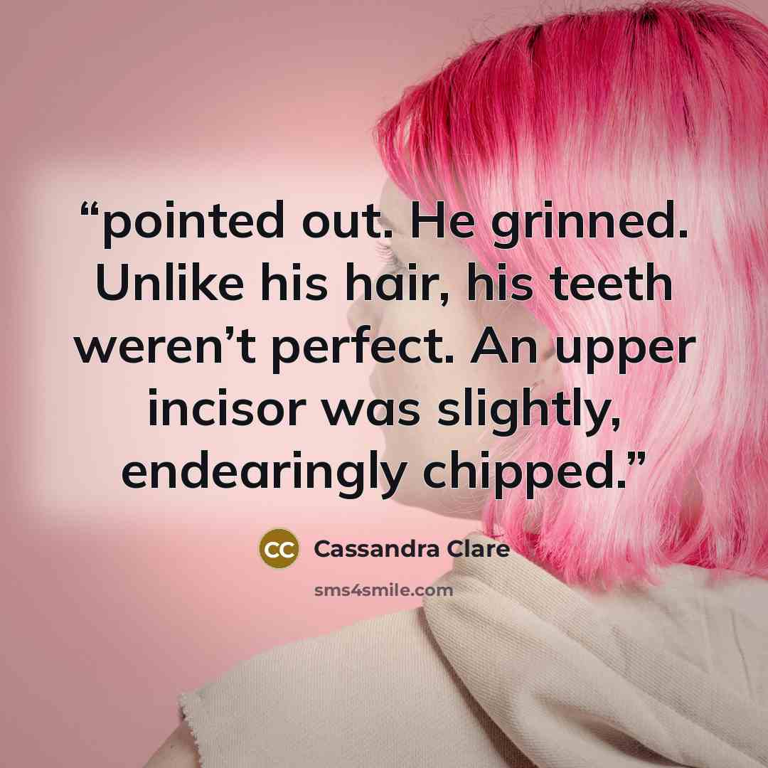 “pointed out. He grinned. Unlike his hair, his teeth weren’t perfect. An upper incisor was slightly, endearingly chipped.” quote by Cassandra Clare
