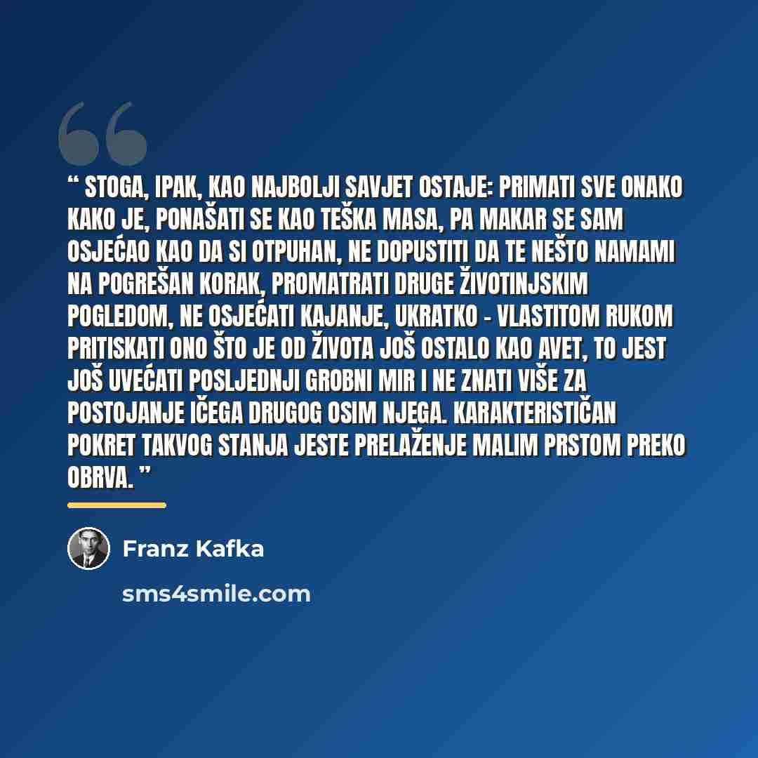 “Stoga, ipak, kao najbolji savjet ostaje: primati sve onako kako je, ponašati se kao teška masa, pa makar se sam osjećao kao da si otpuhan, ne dopustiti da te nešto namami na pogrešan korak, promatrati druge životinjskim pogledom, ne osjećati kajanje, ukratko - vlastitom rukom pritiskati ono što je…” quote by Franz Kafka
