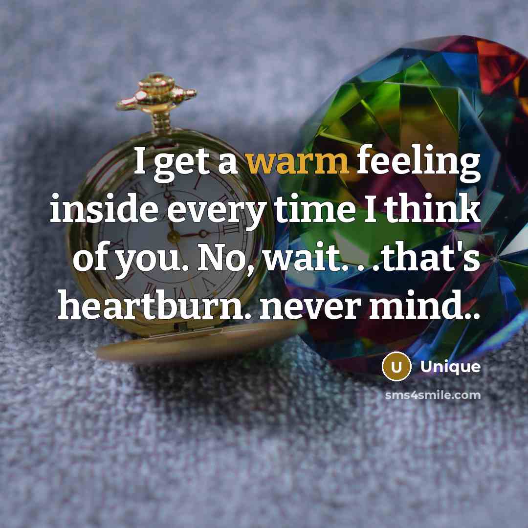 “I get a warm feeling inside every time I think of you. No, wait. . .that's heartburn. never mind..” quote by Unique