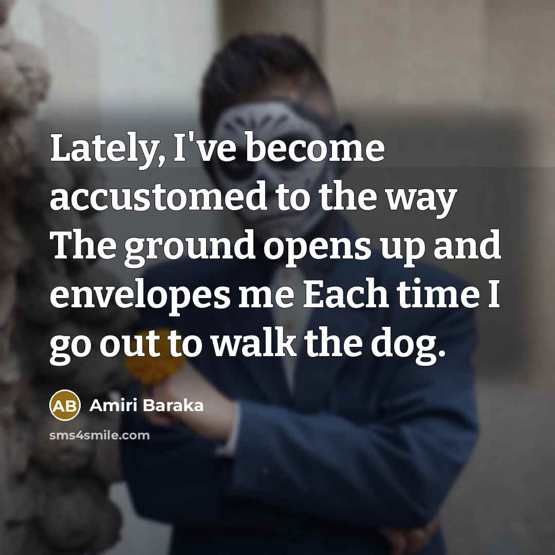 “Lately, I've become accustomed to the way The ground opens up and envelopes me Each time I go out to walk the dog.” quote by Amiri Baraka