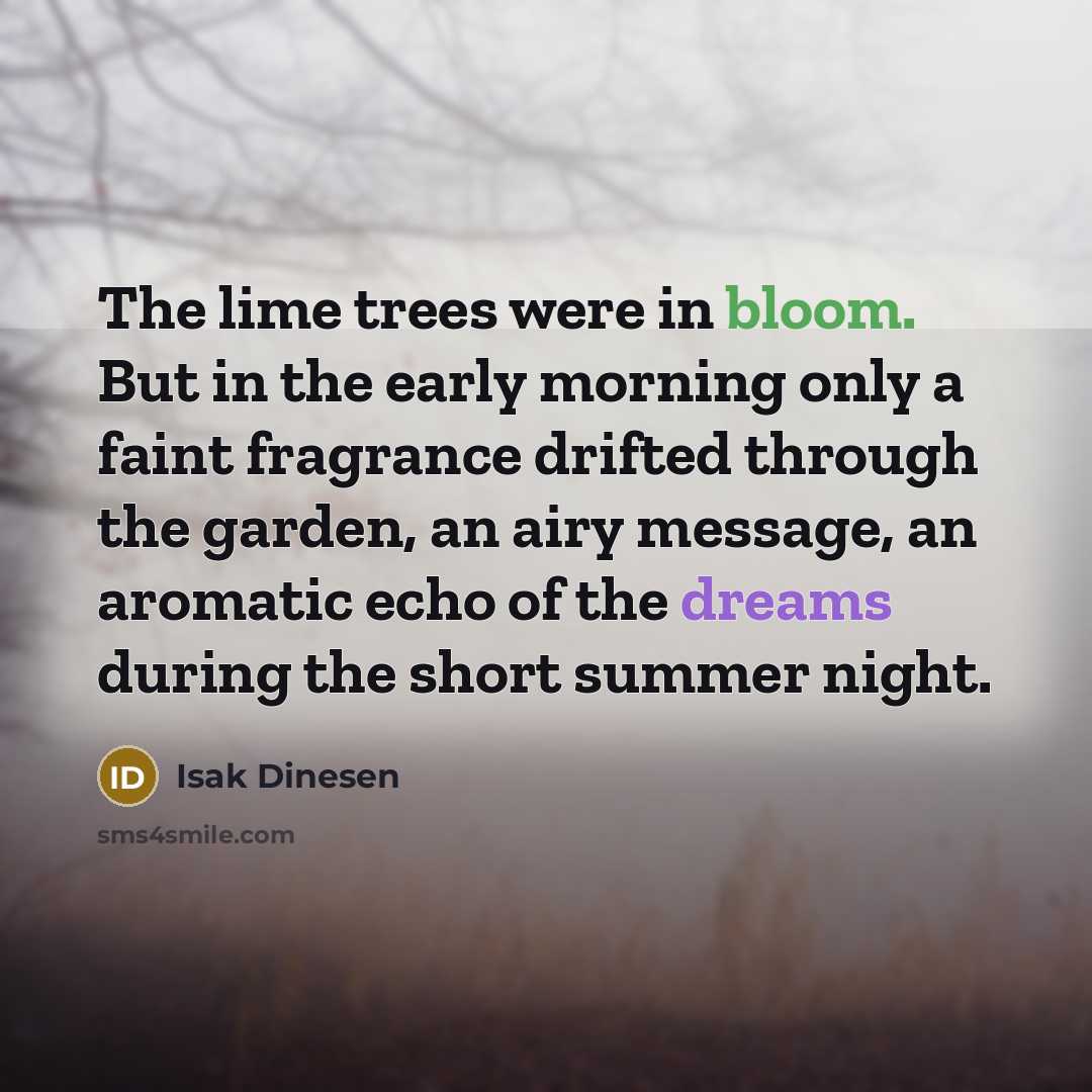“The lime trees were in bloom. But in the early morning only a faint fragrance drifted through the garden, an airy message, an aromatic echo of the dreams during the short summer night.” quote by Isak Dinesen