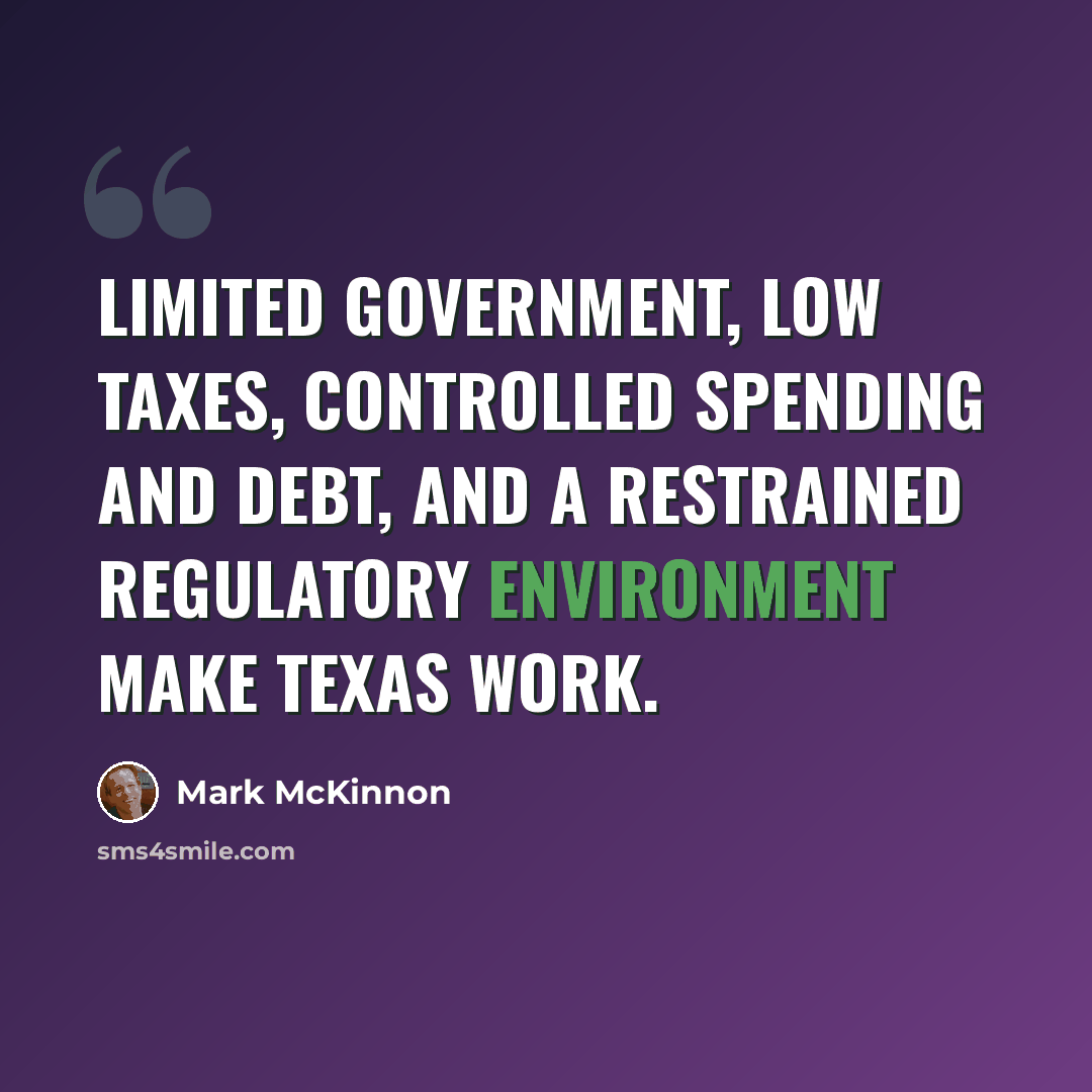 “Limited government, low taxes, controlled spending and debt, and a restrained regulatory environment make Texas work.” quote by Mark McKinnon