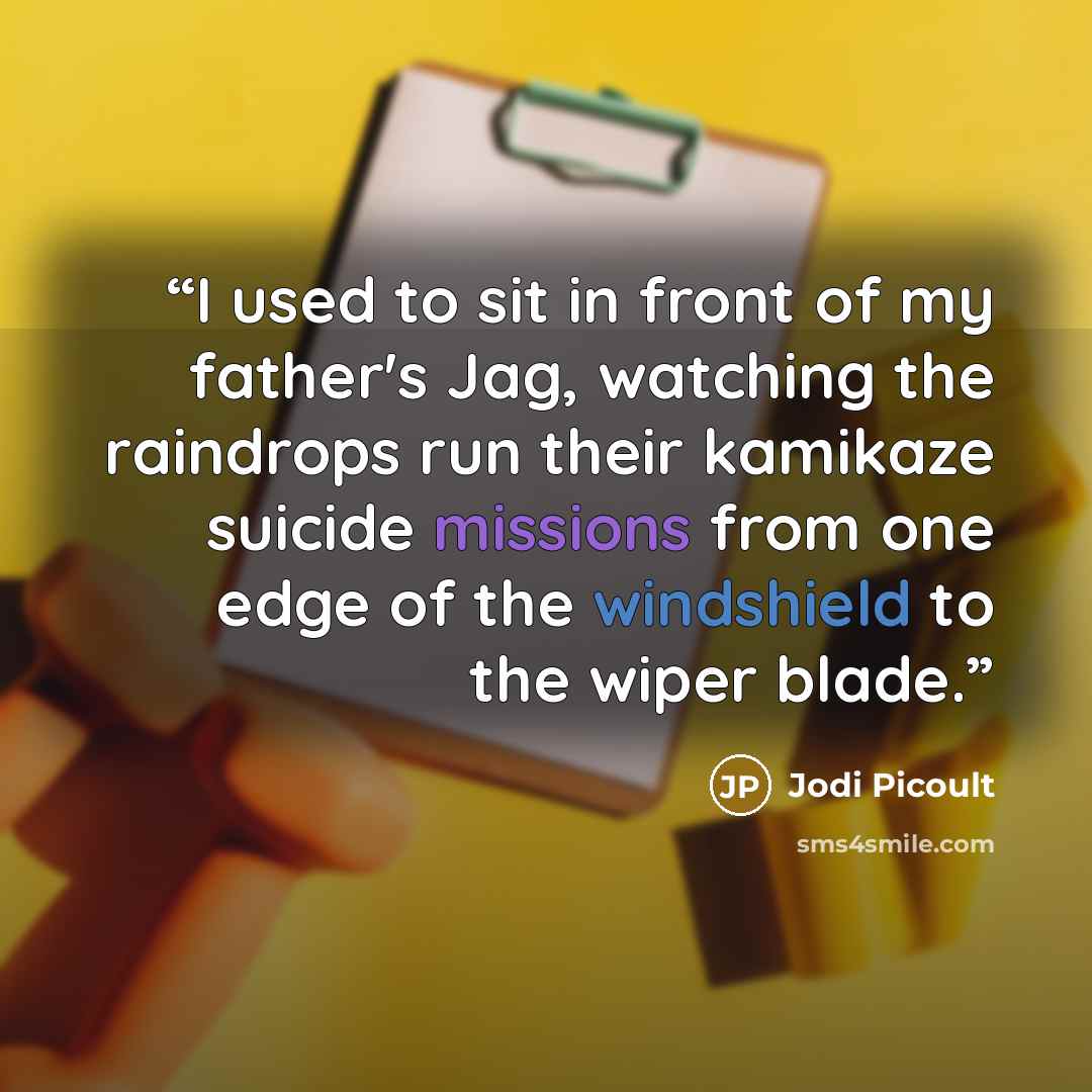 “I used to sit in front of my father's Jag, watching the raindrops run their kamikaze suicide missions from one edge of the windshield to the wiper blade.” quote by Jodi Picoult