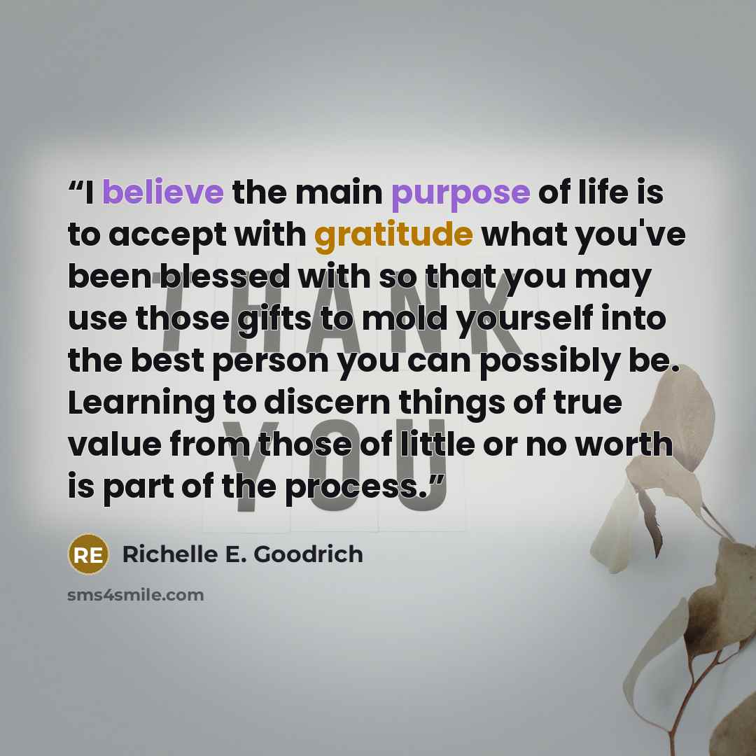 “I believe the main purpose of life is to accept with gratitude what you've been blessed with so that you may use those gifts to mold yourself into the best person you can possibly be. Learning to discern things of true value from those of little or no worth is part of the process.” quote by Richelle E. Goodrich