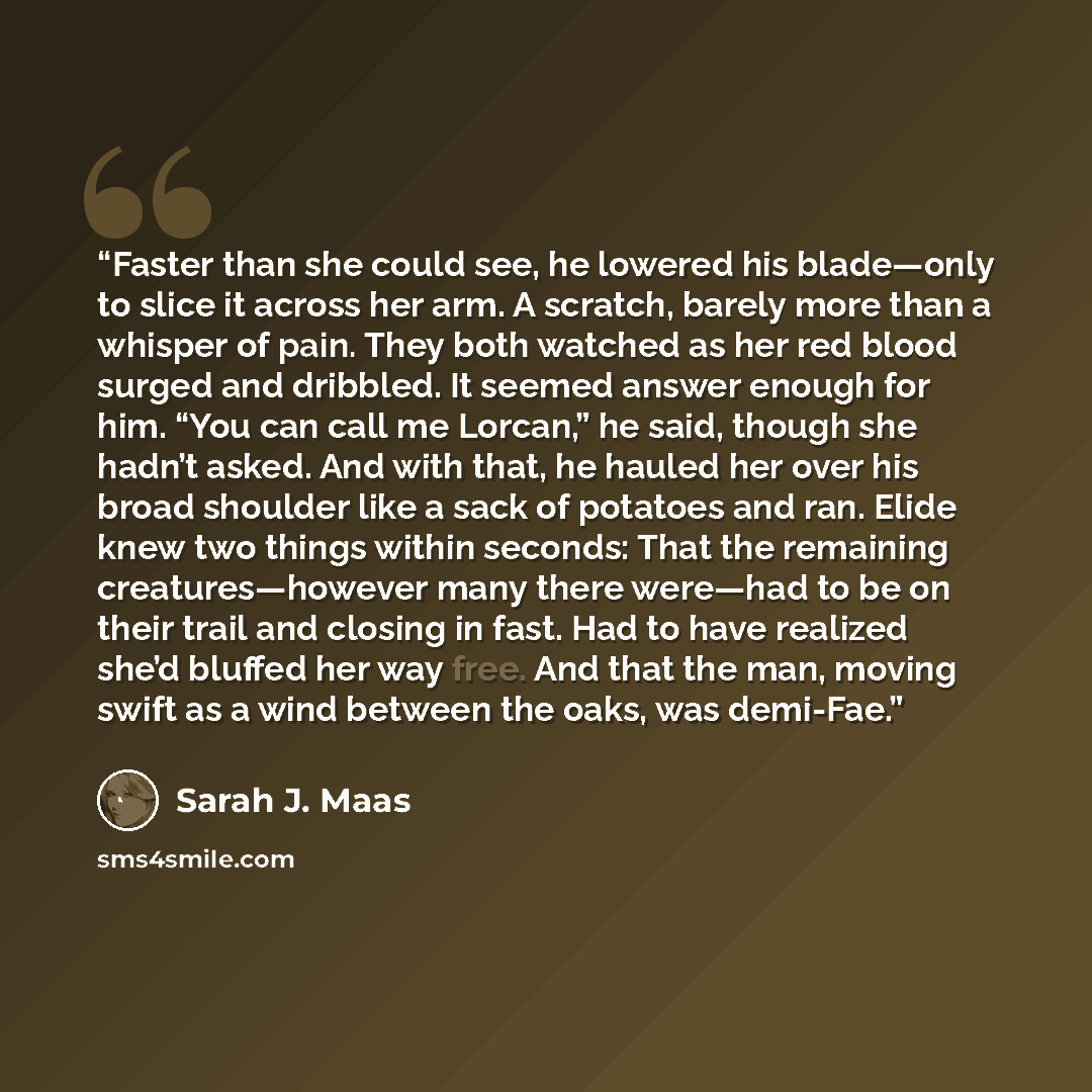 “Faster than she could see, he lowered his blade—only to slice it across her arm. A scratch, barely more than a whisper of pain. They both watched as her red blood surged and dribbled. It seemed answer enough for him. “You can call me Lorcan,” he said, though she hadn’t asked. And with that, he…” quote by Sarah J. Maas