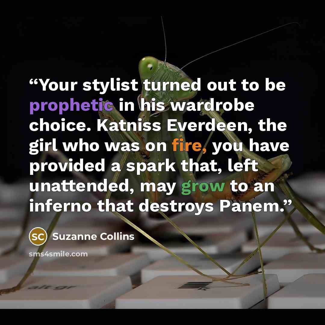 “Your stylist turned out to be prophetic in his wardrobe choice. Katniss Everdeen, the girl who was on fire, you have provided a spark that, left unattended, may grow to an inferno that destroys Panem.” quote by Suzanne Collins