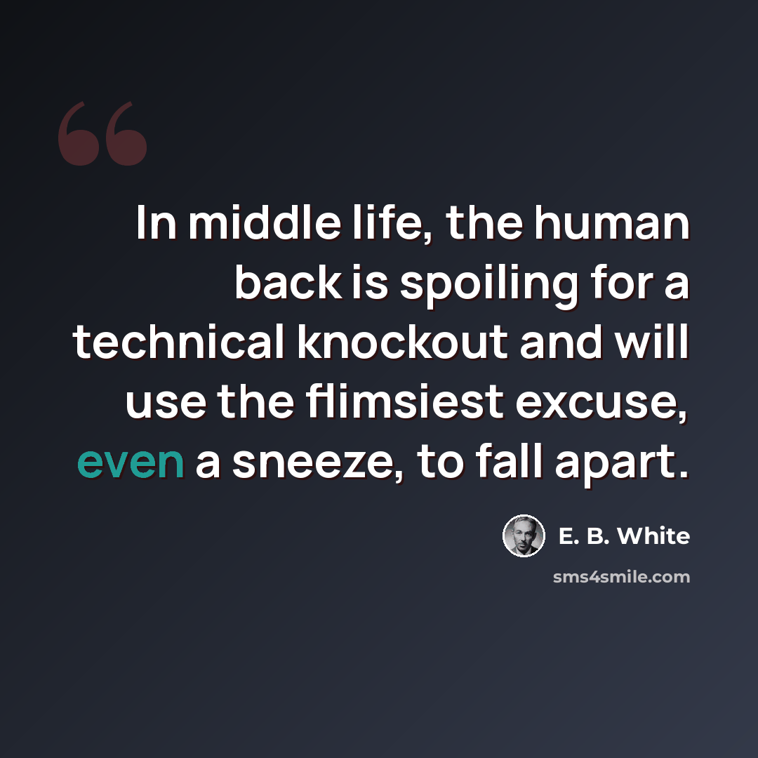“In middle life, the human back is spoiling for a technical knockout and will use the flimsiest excuse, even a sneeze, to fall apart.” quote by E. B. White