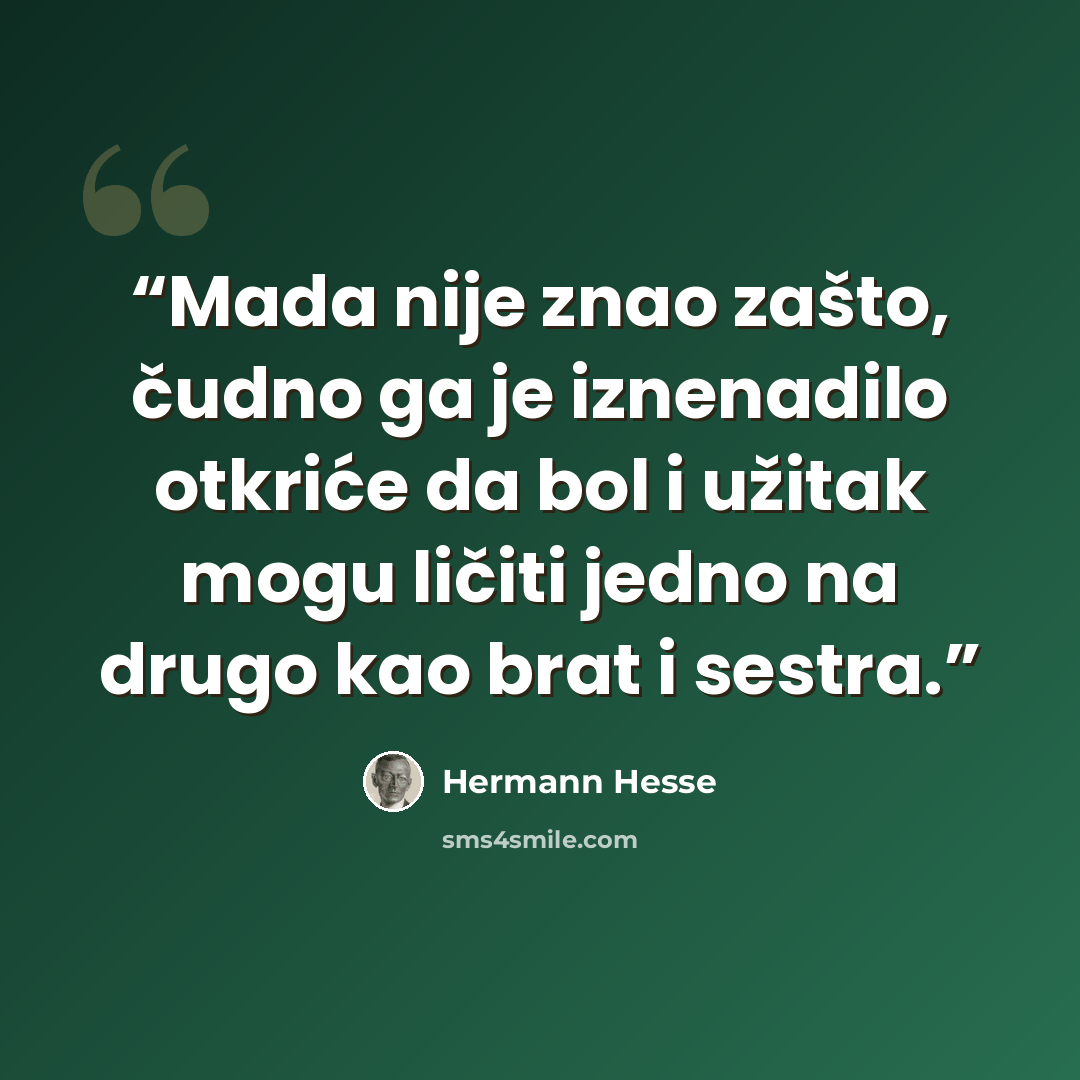 “Mada nije znao zašto, čudno ga je iznenadilo otkriće da bol i užitak mogu ličiti jedno na drugo kao brat i sestra.” quote by Hermann Hesse