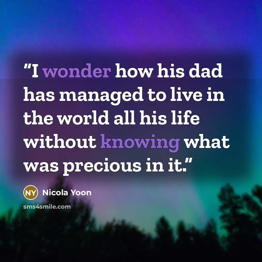 “I wonder how his dad has managed to live in the world all his life without knowing what was precious in it.” quote by Nicola Yoon