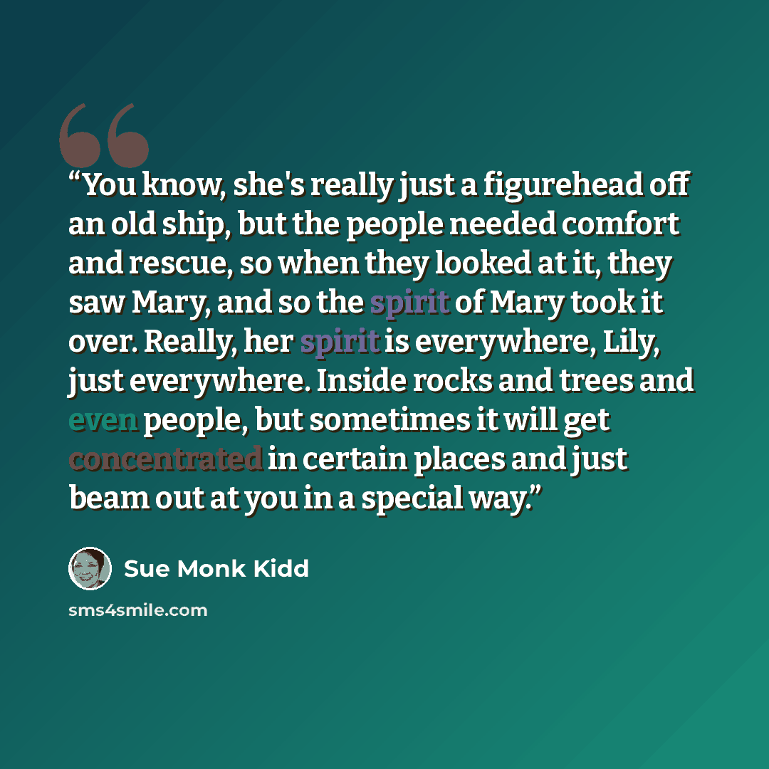 “You know, she's really just a figurehead off an old ship, but the people needed comfort and rescue, so when they looked at it, they saw Mary, and so the spirit of Mary took it over. Really, her spirit is everywhere, Lily, just everywhere. Inside rocks and trees and even people, but sometimes it…” quote by Sue Monk Kidd