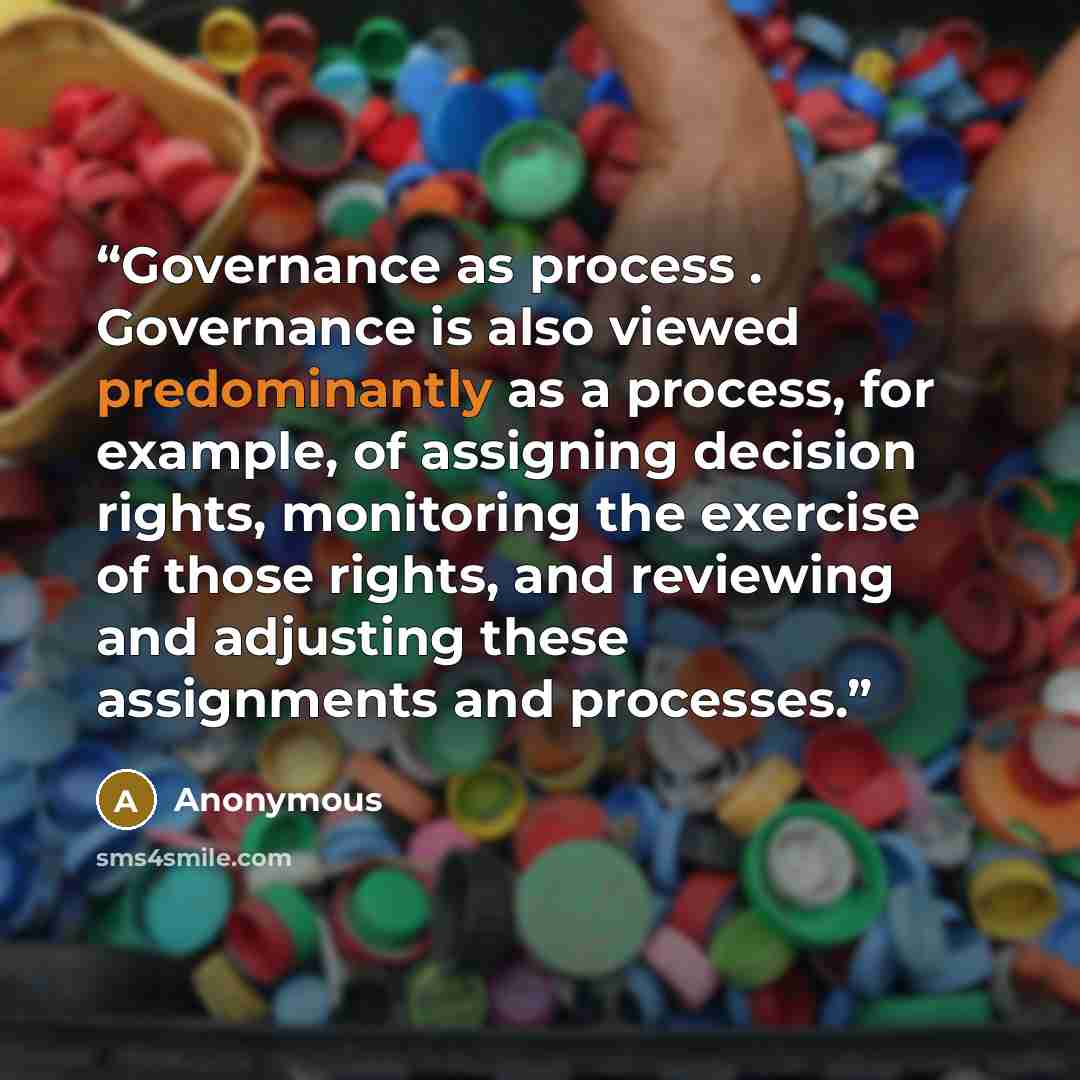 “Governance as process . Governance is also viewed predominantly as a process, for example, of assigning decision rights, monitoring the exercise of those rights, and reviewing and adjusting these assignments and processes.” quote by Anonymous