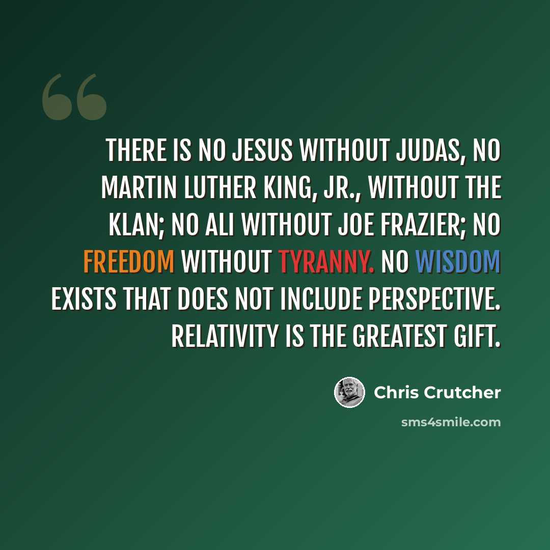 “There is no Jesus without Judas, no Martin Luther King, Jr., without the Klan; no Ali without Joe Frazier; no freedom without tyranny. No wisdom exists that does not include perspective. Relativity is the greatest gift.” quote by Chris Crutcher
