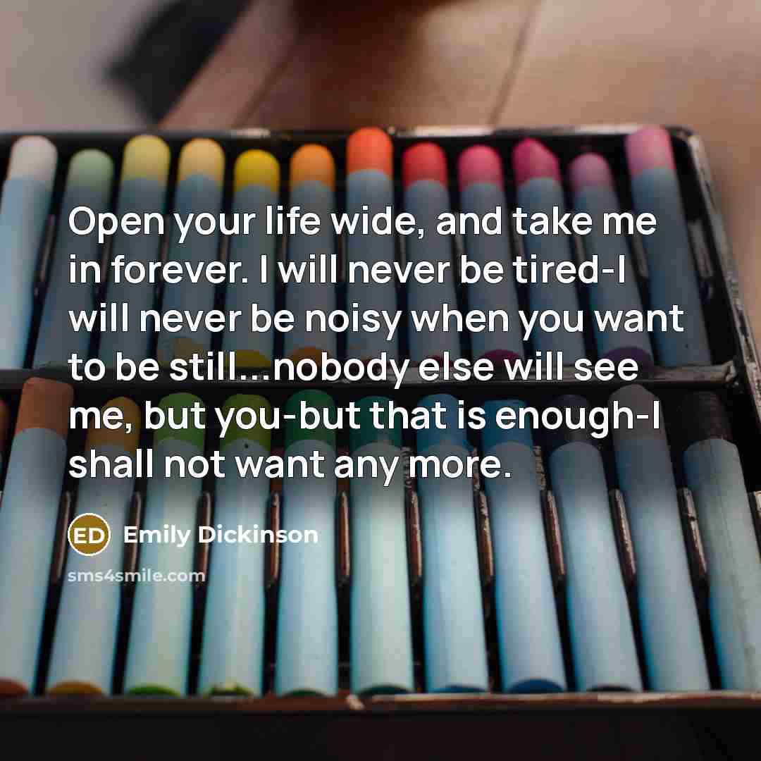 “Open your life wide, and take me in forever. I will never be tired-I will never be noisy when you want to be still...nobody else will see me, but you-but that is enough-I shall not want any more.” quote by Emily Dickinson
