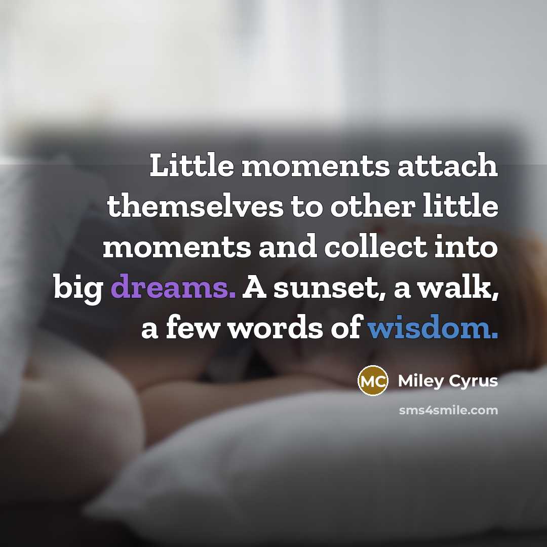 “Little moments attach themselves to other little moments and collect into big dreams. A sunset, a walk, a few words of wisdom.” quote by Miley Cyrus