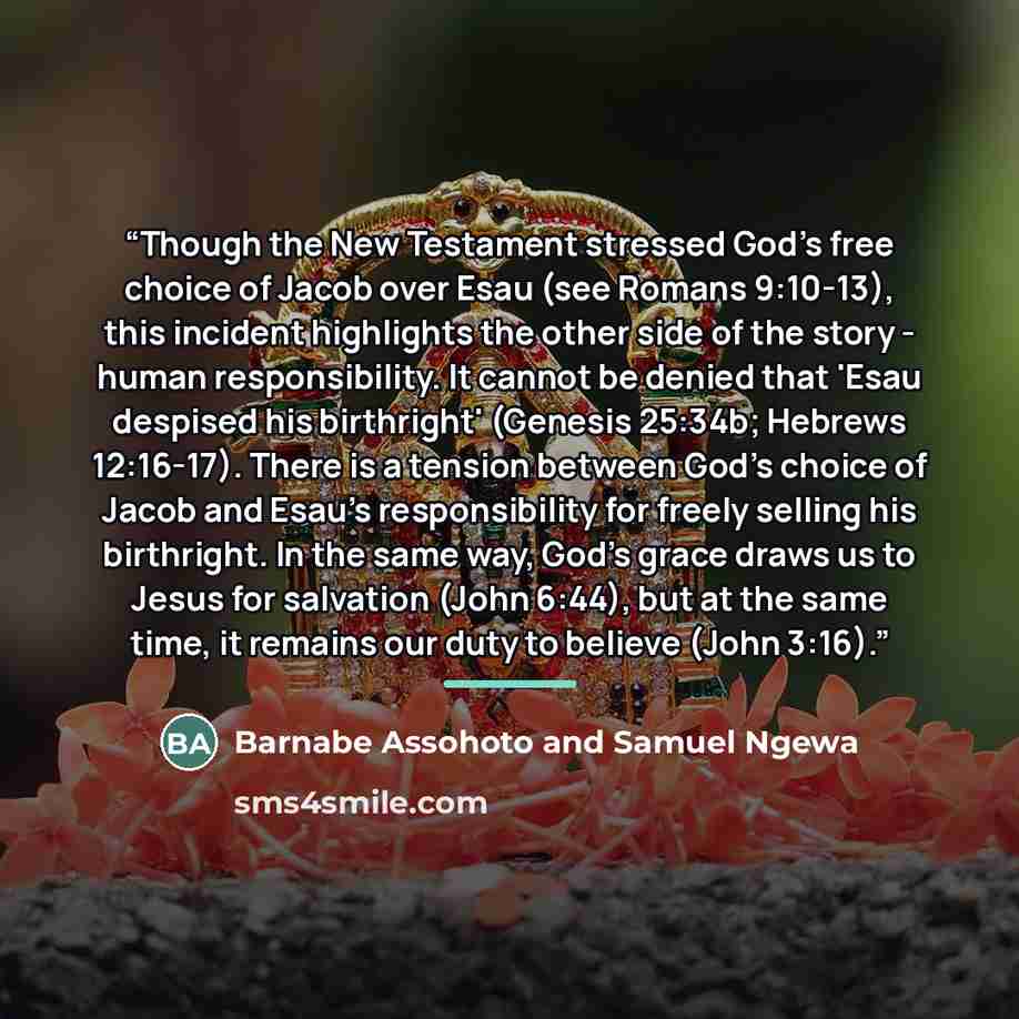 “Though the New Testament stressed God's free choice of Jacob over Esau (see Romans 9:10-13), this incident highlights the other side of the story - human responsibility. It cannot be denied that 'Esau despised his birthright' (Genesis 25:34b; Hebrews 12:16-17). There is a tension between God's…” quote by Barnabe Assohoto and Samuel Ngewa