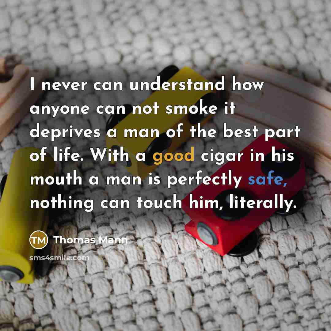 “I never can understand how anyone can not smoke it deprives a man of the best part of life. With a good cigar in his mouth a man is perfectly safe, nothing can touch him, literally.” quote by Thomas Mann