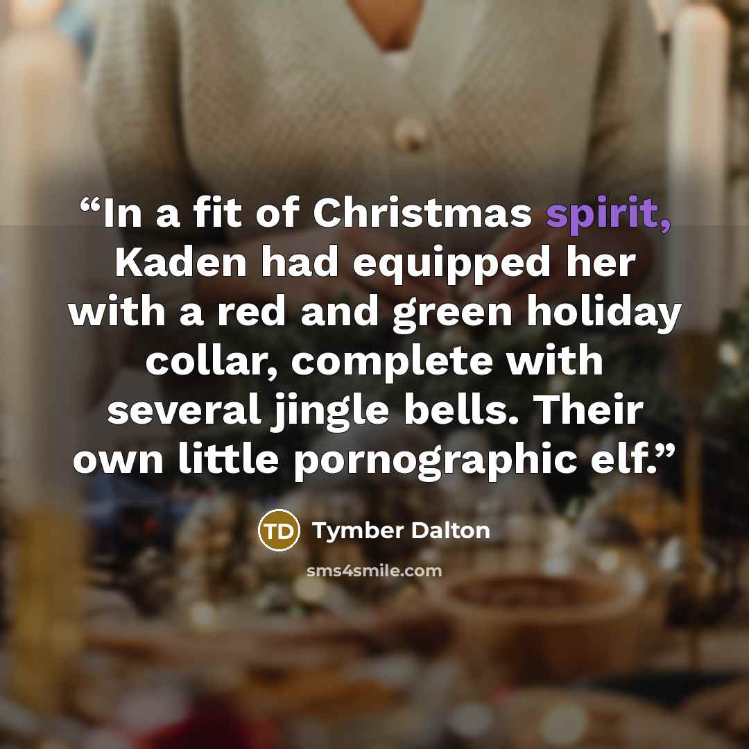 “In a fit of Christmas spirit, Kaden had equipped her with a red and green holiday collar, complete with several jingle bells. Their own little pornographic elf.” quote by Tymber Dalton