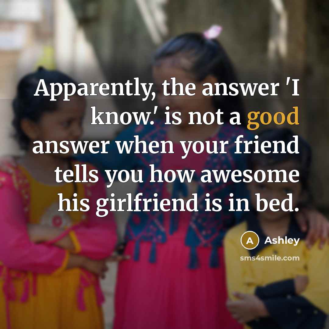 “Apparently, the answer 'I know.' is not a good answer when your friend tells you how awesome his girlfriend is in bed.” quote by Ashley