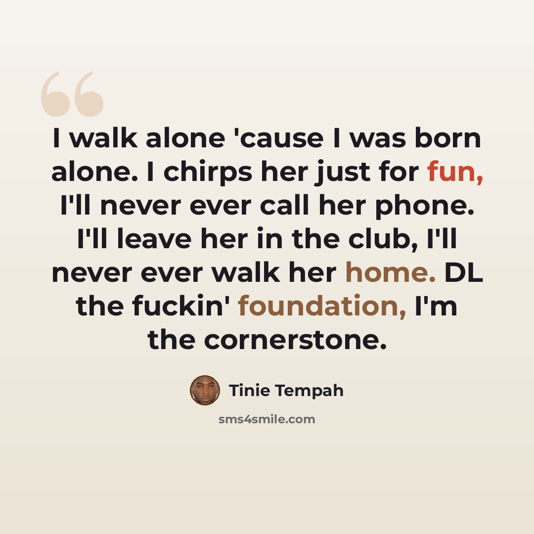 “I walk alone 'cause I was born alone. I chirps her just for fun, I'll never ever call her phone. I'll leave her in the club, I'll never ever walk her home. DL the fuckin' foundation, I'm the cornerstone.” quote by Tinie Tempah