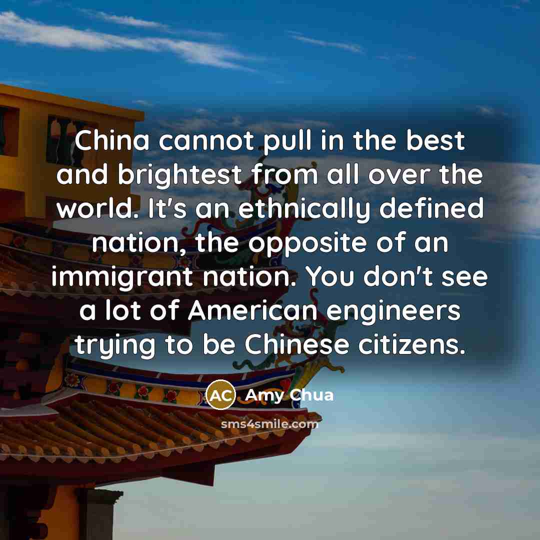 “China cannot pull in the best and brightest from all over the world. It's an ethnically defined nation, the opposite of an immigrant nation. You don't see a lot of American engineers trying to be Chinese citizens.” quote by Amy Chua