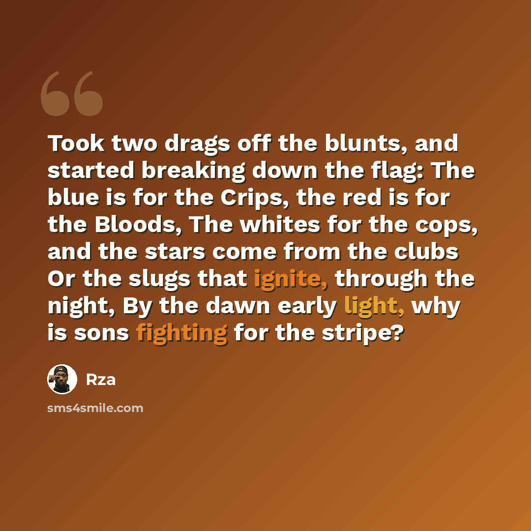“Took two drags off the blunts, and started breaking down the flag: The blue is for the Crips, the red is for the Bloods, The whites for the cops, and the stars come from the clubs Or the slugs that ignite, through the night, By the dawn early light, why is sons fighting for the stripe?” quote by RZA