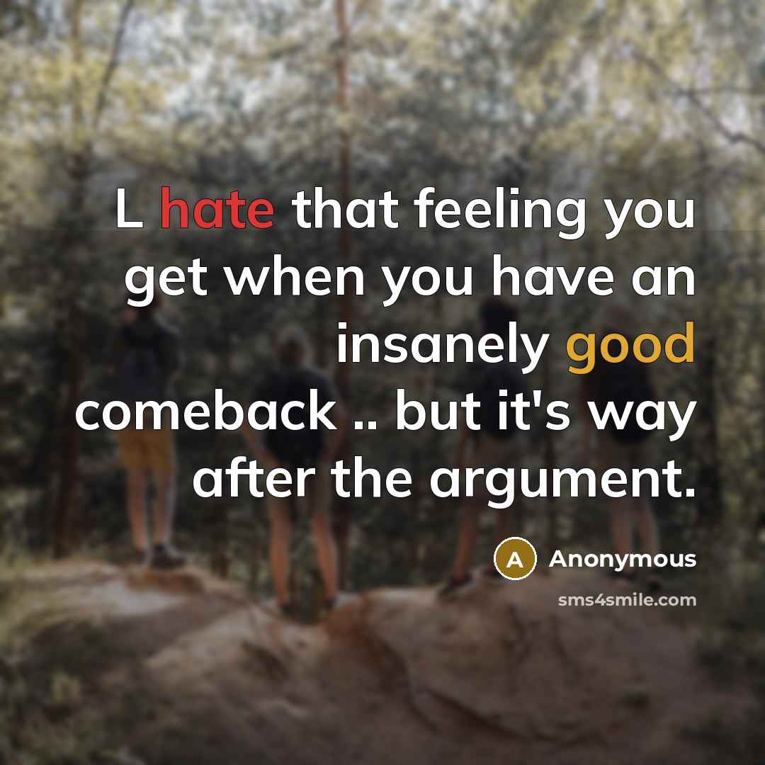 “L hate that feeling you get when you have an insanely good comeback .. but it's way after the argument.” quote by Anonymous