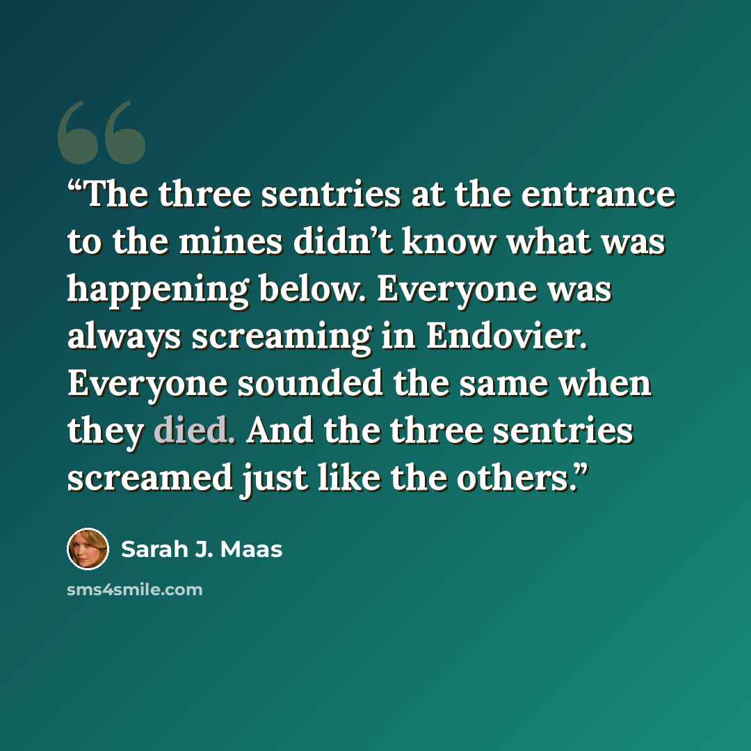 “The three sentries at the entrance to the mines didn’t know what was happening below. Everyone was always screaming in Endovier. Everyone sounded the same when they died. And the three sentries screamed just like the others.” quote by Sarah J. Maas