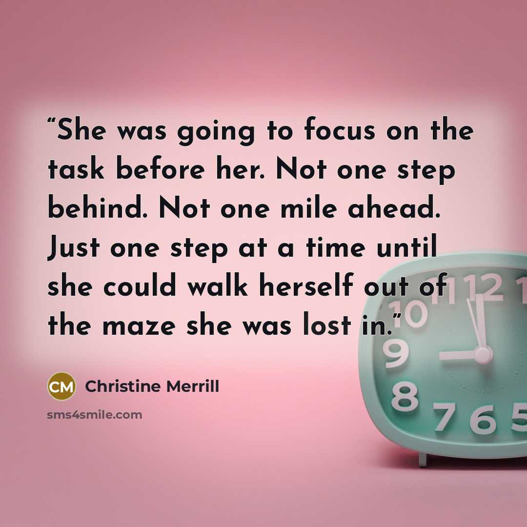 “She was going to focus on the task before her. Not one step behind. Not one mile ahead. Just one step at a time until she could walk herself out of the maze she was lost in.” quote by Christine Merrill