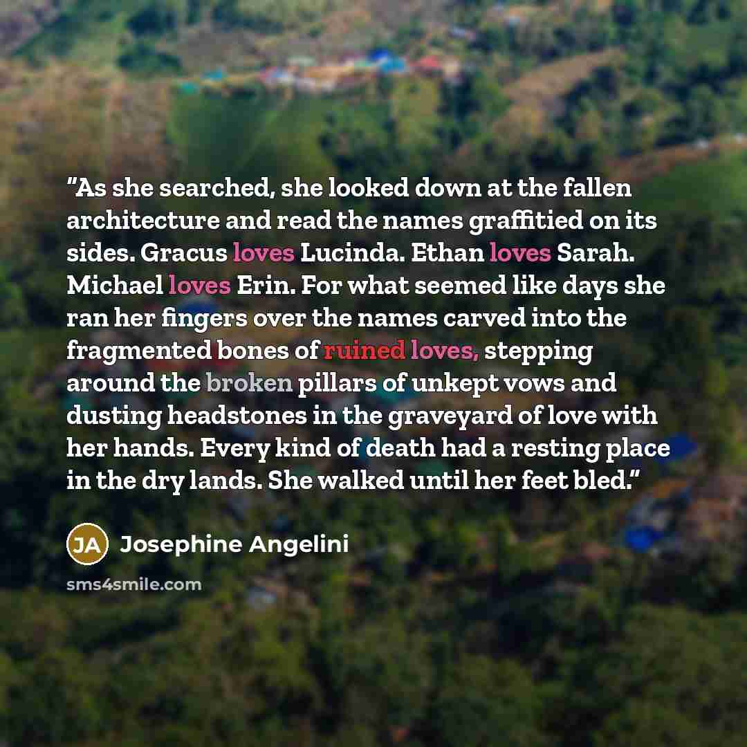 “As she searched, she looked down at the fallen architecture and read the names graffitied on its sides. Gracus loves Lucinda. Ethan loves Sarah. Michael loves Erin. For what seemed like days she ran her fingers over the names carved into the fragmented bones of ruined loves, stepping around the…” quote by Josephine Angelini