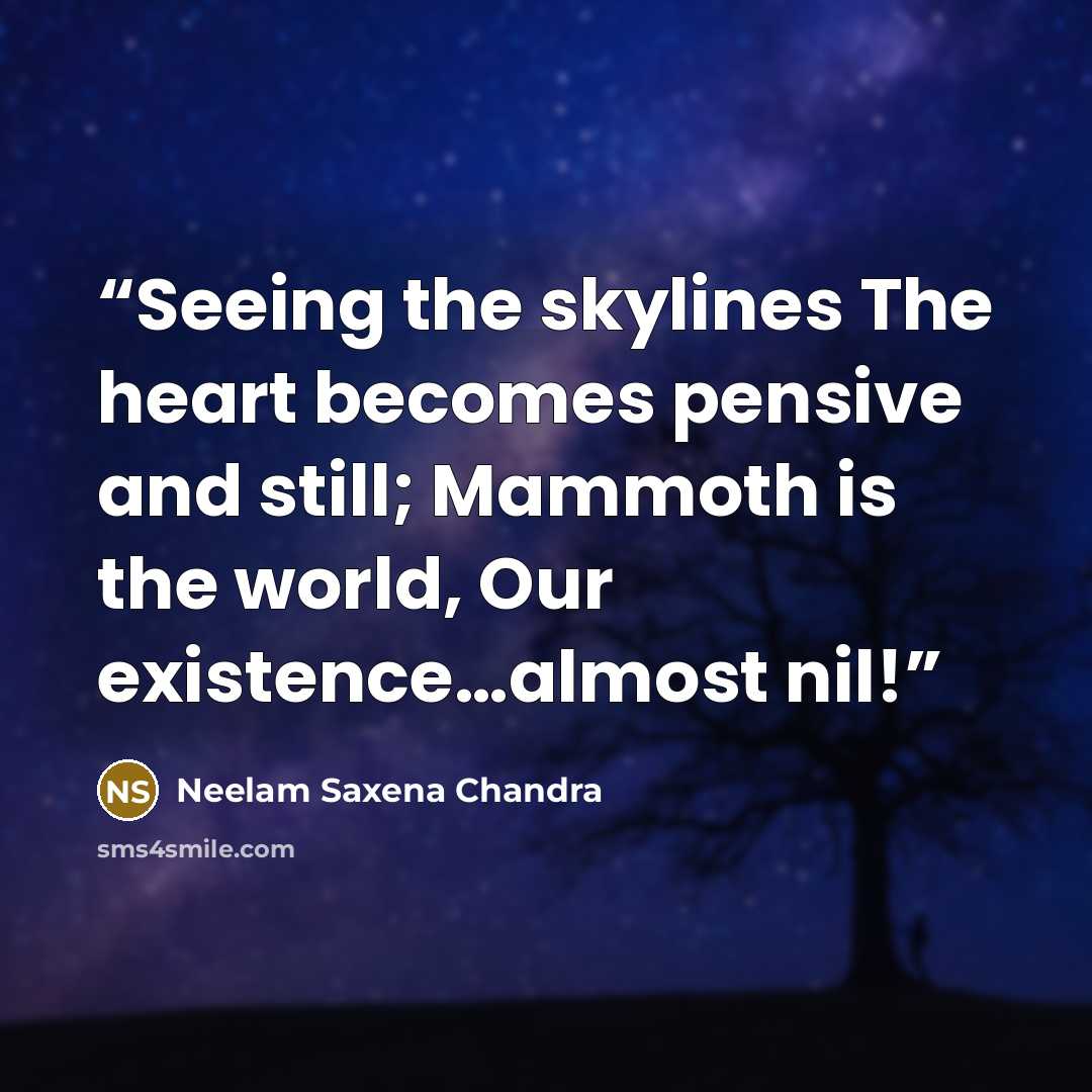 “Seeing the skylines The heart becomes pensive and still; Mammoth is the world, Our existence…almost nil!” quote by Neelam Saxena Chandra