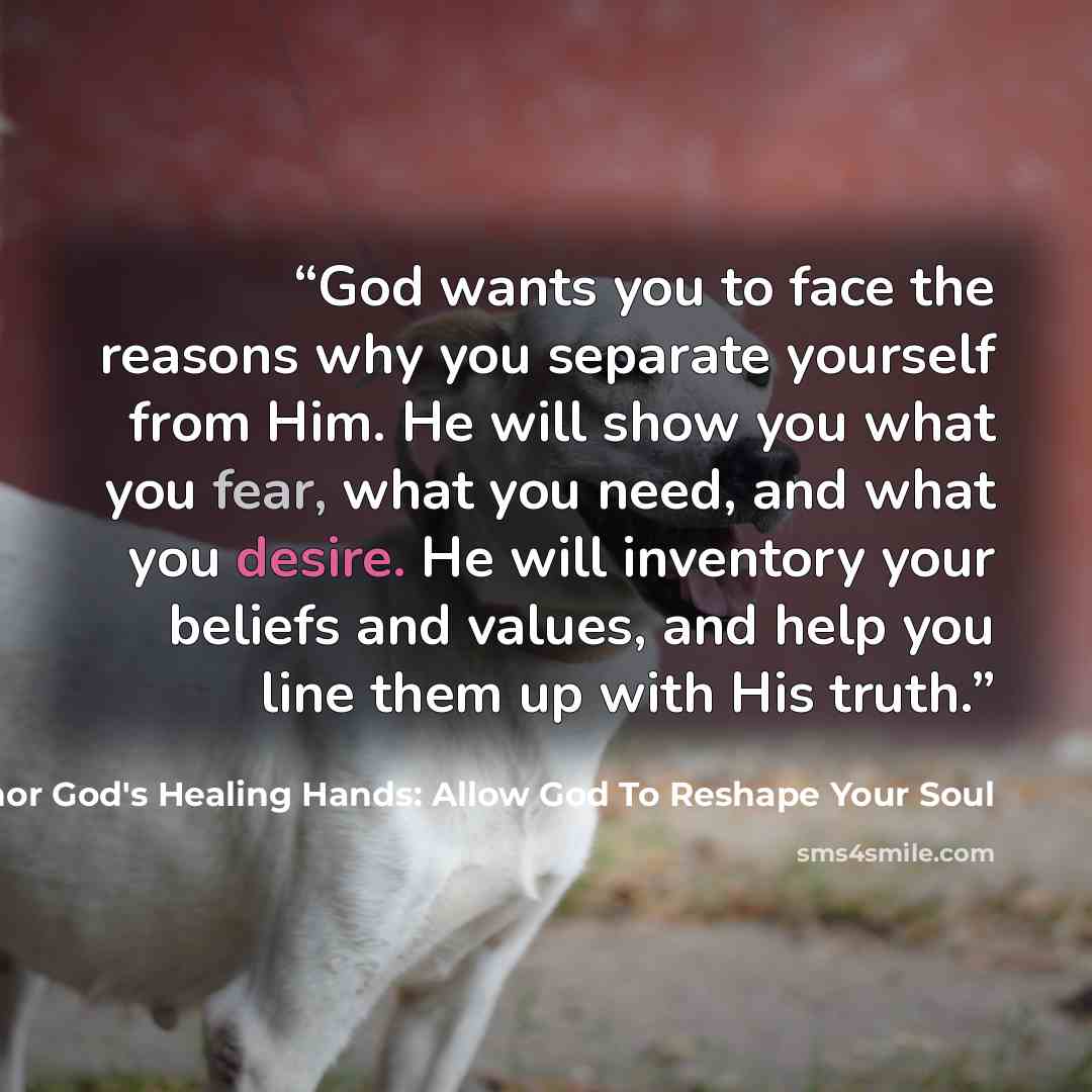 “God wants you to face the reasons why you separate yourself from Him. He will show you what you fear, what you need, and what you desire. He will inventory your beliefs and values, and help you line them up with His truth.” quote by Michael Barbarulo: Author God's Healing Hands: Allow God To Reshape Your Soul