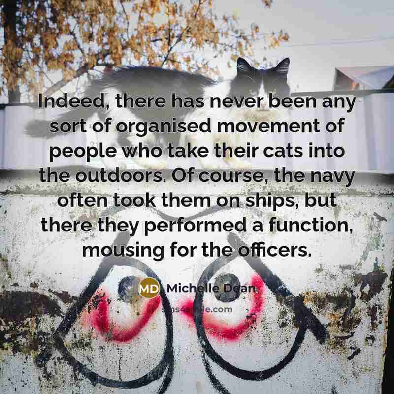 “Indeed, there has never been any sort of organised movement of people who take their cats into the outdoors. Of course, the navy often took them on ships, but there they performed a function, mousing for the officers.” quote by Michelle Dean