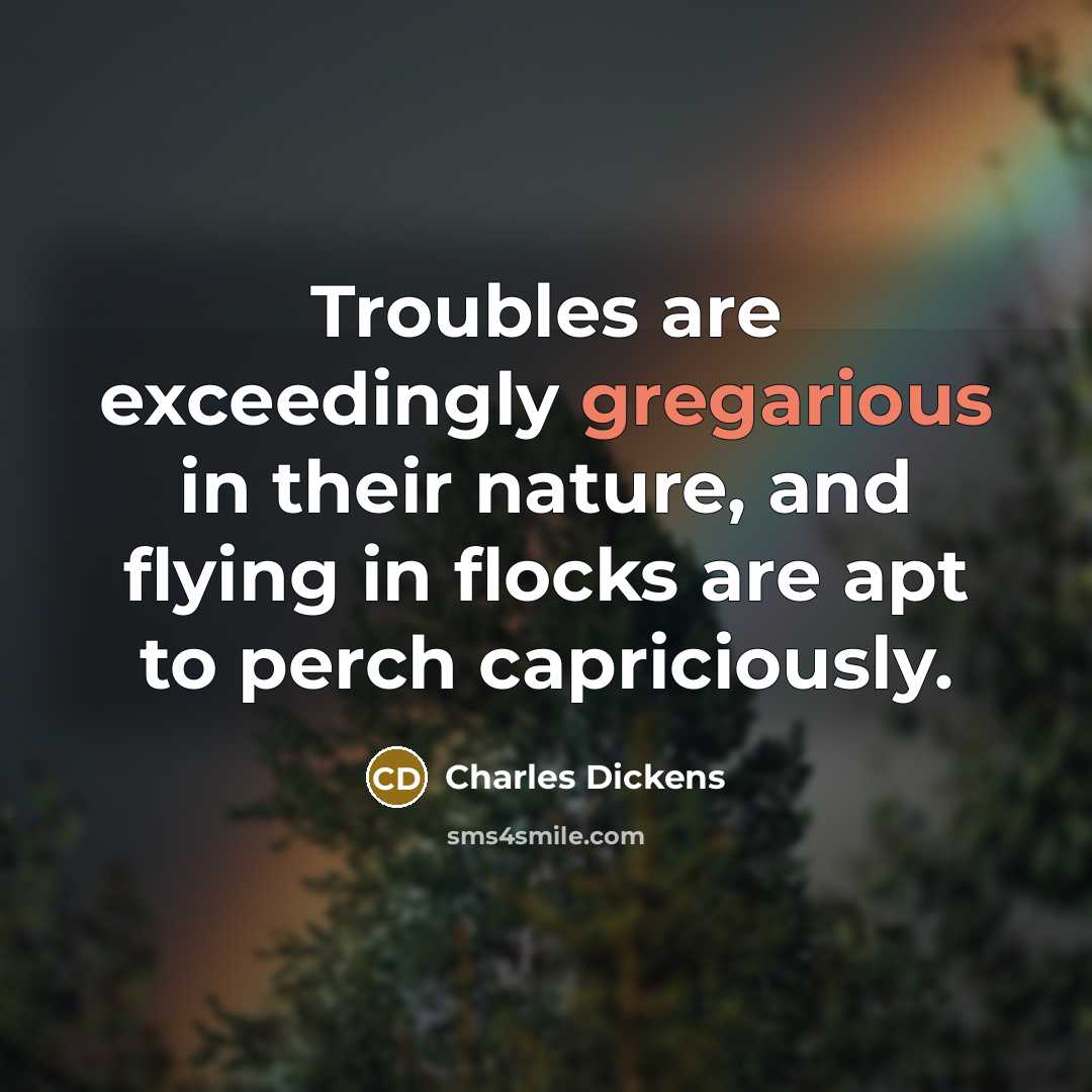 “Troubles are exceedingly gregarious in their nature, and flying in flocks are apt to perch capriciously.” quote by Charles Dickens