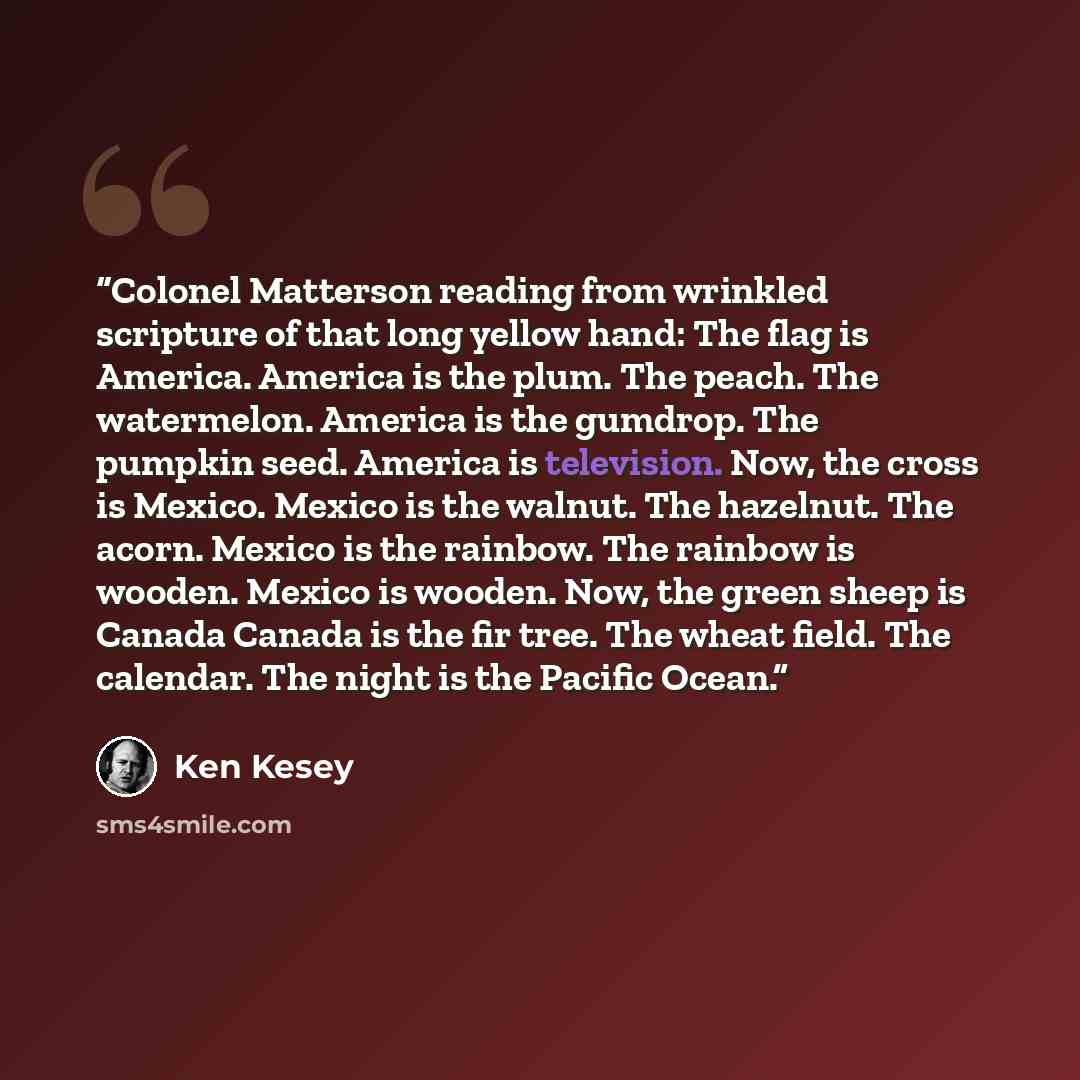 “Colonel Matterson reading from wrinkled scripture of that long yellow hand: The flag is America. America is the plum. The peach. The watermelon. America is the gumdrop. The pumpkin seed. America is television. Now, the cross is Mexico. Mexico is the walnut. The hazelnut. The acorn. Mexico is the…” quote by Ken Kesey
