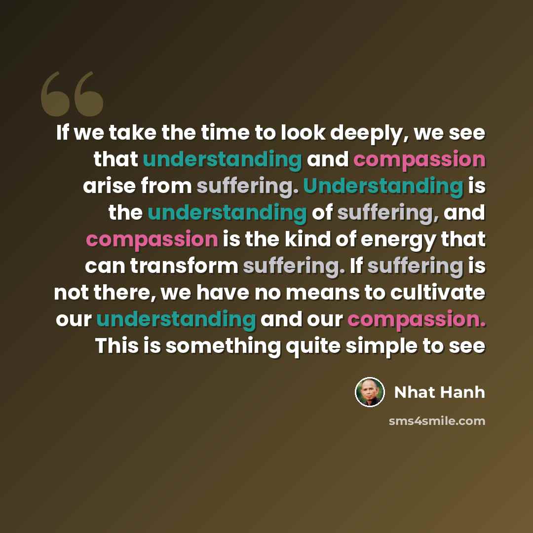 “If we take the time to look deeply, we see that understanding and compassion arise from suffering. Understanding is the understanding of suffering, and compassion is the kind of energy that can transform suffering. If suffering is not there, we have no means to cultivate our understanding and our…” quote by Nhat Hanh