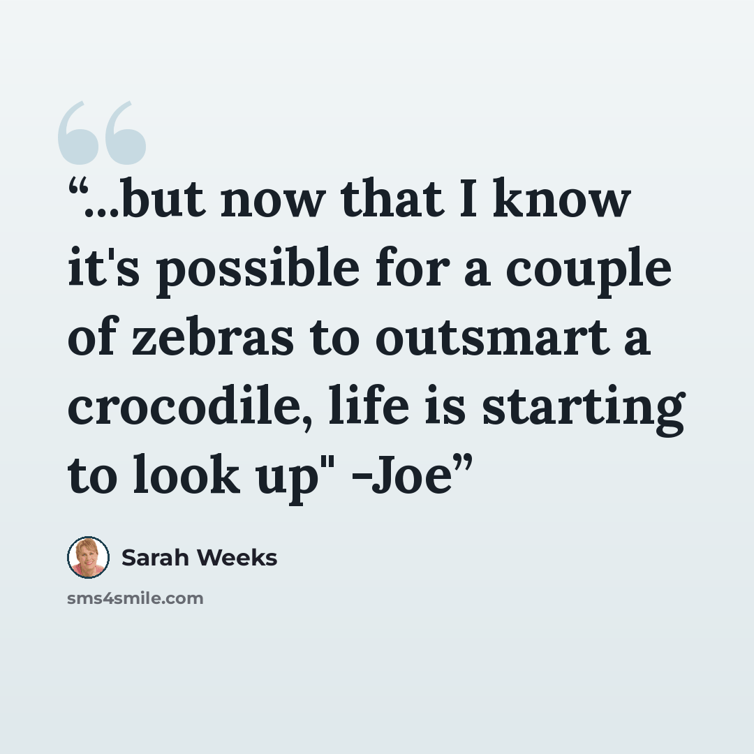 “...but now that I know it's possible for a couple of zebras to outsmart a crocodile, life is starting to look up" -Joe” quote by Sarah Weeks