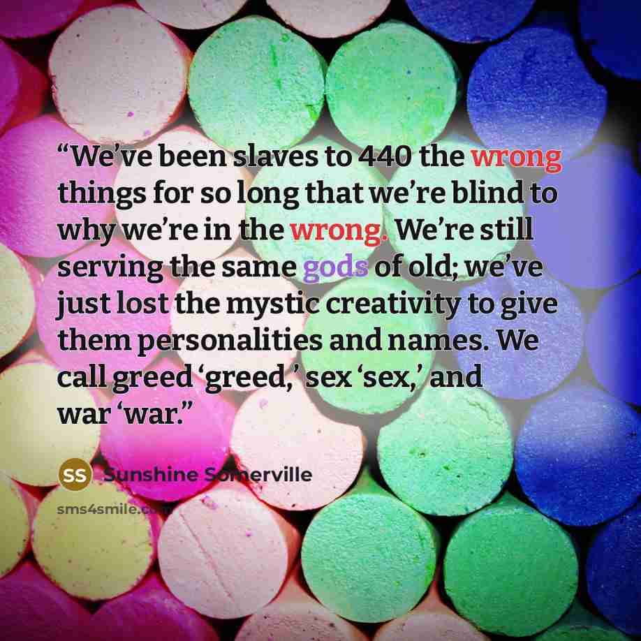 “We’ve been slaves to 440 the wrong things for so long that we’re blind to why we’re in the wrong. We’re still serving the same gods of old; we’ve just lost the mystic creativity to give them personalities and names. We call greed ‘greed,’ sex ‘sex,’ and war ‘war.” quote by Sunshine Somerville