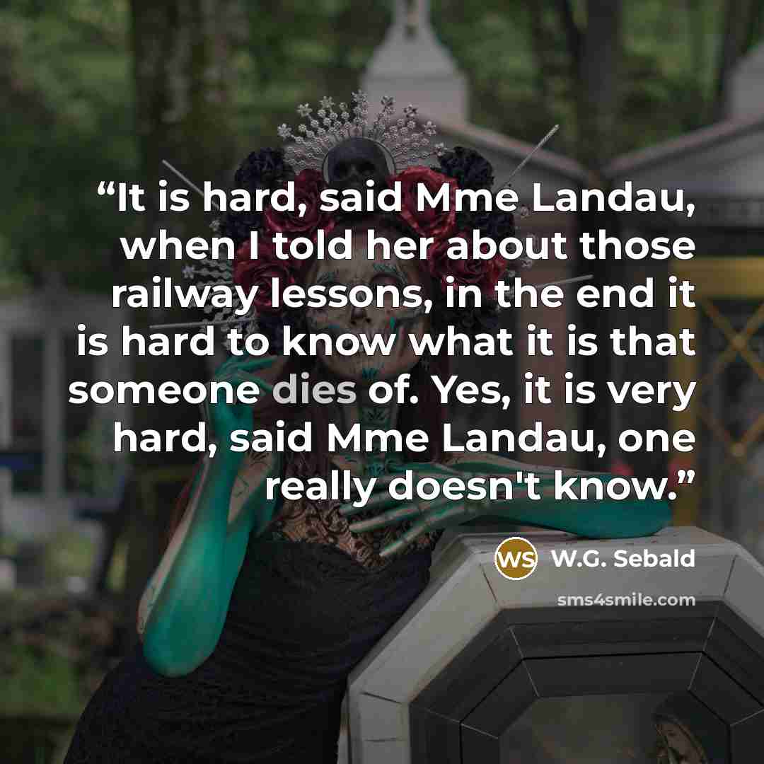 “It is hard, said Mme Landau, when I told her about those railway lessons, in the end it is hard to know what it is that someone dies of. Yes, it is very hard, said Mme Landau, one really doesn't know.” quote by W.G. Sebald