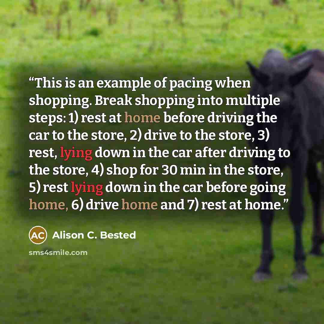 “This is an example of pacing when shopping. Break shopping into multiple steps: 1) rest at home before driving the car to the store, 2) drive to the store, 3) rest, lying down in the car after driving to the store, 4) shop for 30 min in the store, 5) rest lying down in the car before going home…” quote by Alison C. Bested